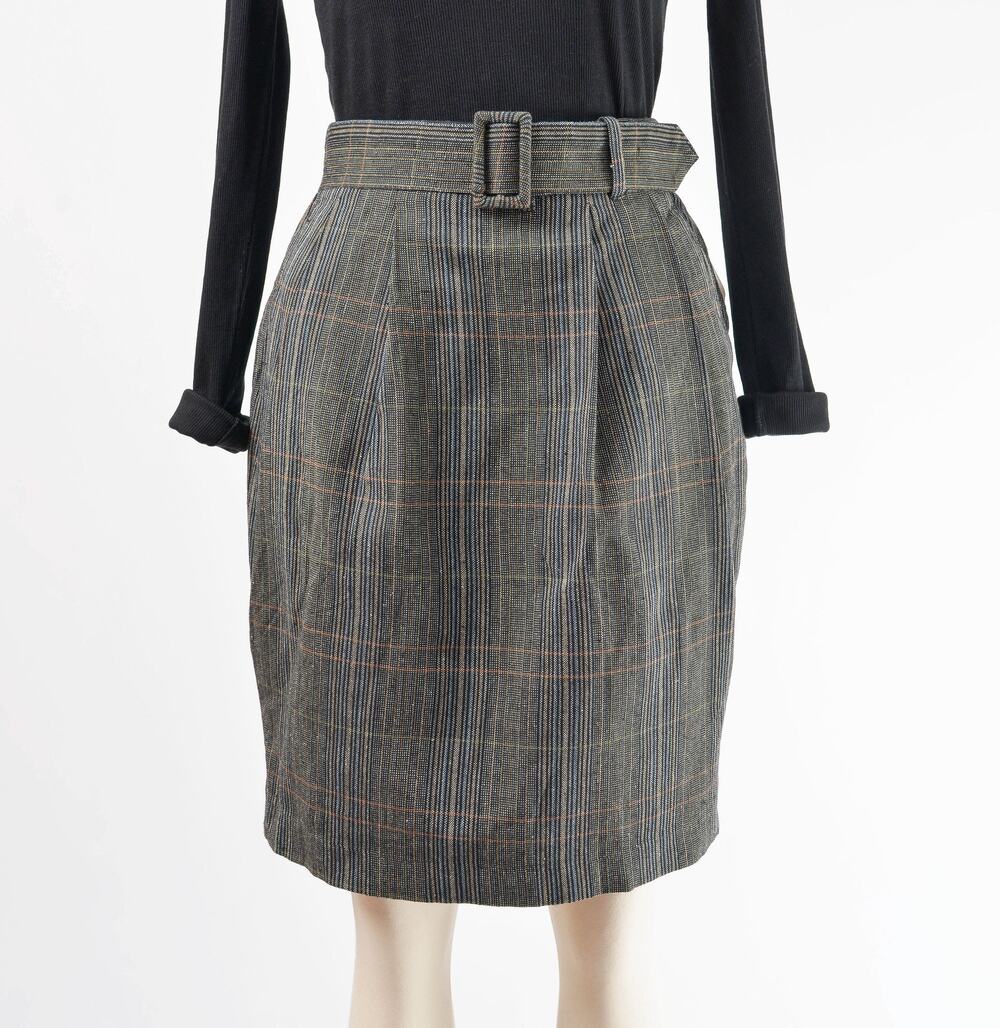 Vintage 90s Black Plaid Cotton High Waisted Belted Pencil Skirt with Pockets S